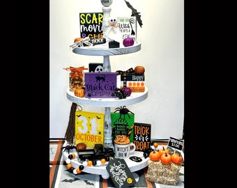 Decoración de bandejas escalonadas para Halloween - Decoración de bandejas escalonadas - Bandeja escalonada de Halloween - Bandeja escalonada de otoño - Decoraciones de Halloween - Decoración de Halloween