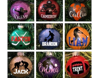 Sports Ornament - Girls Ornament - Teen Ornament - Boys Ornament - Football - Basketball - Hockey - Tennis - Glitter Ornament- Personalized