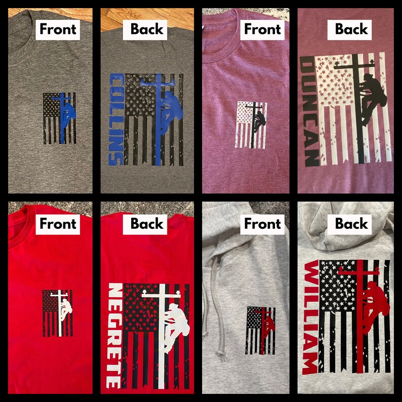 May include: Six different t-shirts and a hoodie with a distressed American flag design featuring a silhouette of a person climbing a utility pole. The shirts are in various colors, including gray, red, and purple. The back of each shirt features the name "COLLINS", "DUNCAN", "NEGRETTE", or "WILLIAM" in white text.