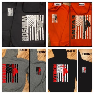 May include: Four hooded sweatshirts with a distressed American flag design and a silhouette of a person climbing a utility pole. The text on the sweatshirts reads "Winsor", "Evans", "Farnam", and "McMillan".