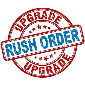 Può includere: Un timbro di gomma rosso e blu usurato con il testo "Upgrade" in un cerchio attorno alle parole "Rush Order".