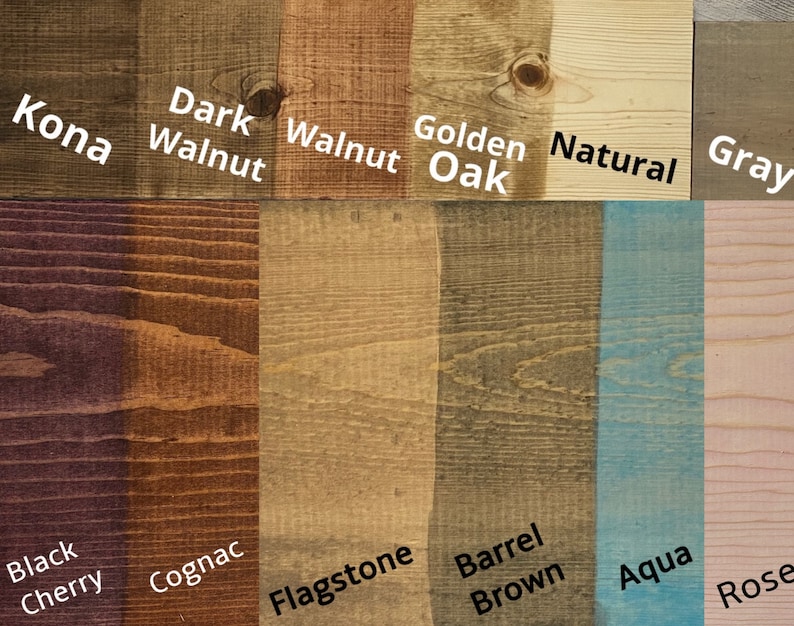 Puede incluir: Una carta de colores de tinte para madera con 10 colores de tinte para madera diferentes. Los colores son Kona, Nogal oscuro, Nogal, Roble dorado, Natural, Gris, Cerezo negro, Co&ntilde;ac, Flagstone, Barril marr&oacute;n, Aqua y Rosa.