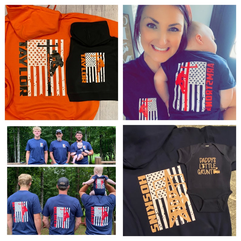 May include: A set of matching shirts and onesies featuring a distressed American flag design with a lineman silhouette and a cross. The shirts are black, navy blue, and orange. The onesies are black. The shirts have the names "Taylor", "Hoskins", and "Ray Lor" printed on them. The onesie has the text "Daddy's Little Grunt" printed on it.