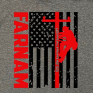May include: Red text that reads "FARNAM" to the left of a distressed American flag with a silhouette of a person climbing a utility pole.