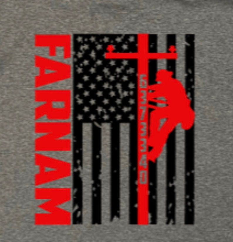May include: Red text that reads "FARNAM" to the left of a distressed American flag with a silhouette of a person climbing a utility pole.