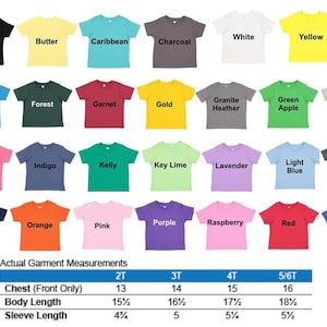 May include: A chart showing the color options for a t-shirt, with a size chart below. The chart shows 27 different colors, including black, white, red, blue, green, and yellow. The size chart shows the chest, body length, and sleeve length measurements for sizes 2T, 3T, 4T, and 5/6T.