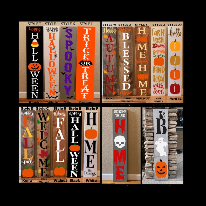 Puede incluir: Una colecci&oacute;n de 10 estilos diferentes de letreros de madera con varios temas de Halloween y oto&ntilde;o. Los letreros est&aacute;n pintados en varios colores, incluyendo negro, blanco, naranja, gris, marr&oacute;n y rojo. Los letreros presentan diferentes dise&ntilde;os, como calabazas, fantasmas, calaveras y las palabras "Feliz Halloween", "Truco o trato", "Bienvenido a casa" y "Oto&ntilde;o ya est&aacute; aqu&iacute;".