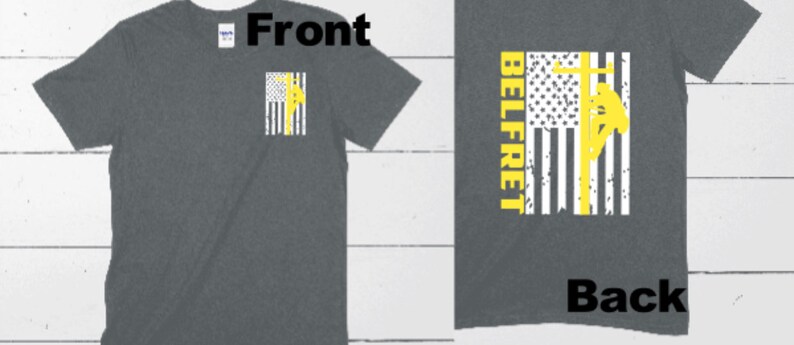 May include: A gray t-shirt with a yellow silhouette of a lineman climbing a utility pole on a distressed American flag design on the back. The front of the shirt has a smaller version of the design on the left chest. The text "BELLFRET" is on the back of the shirt.