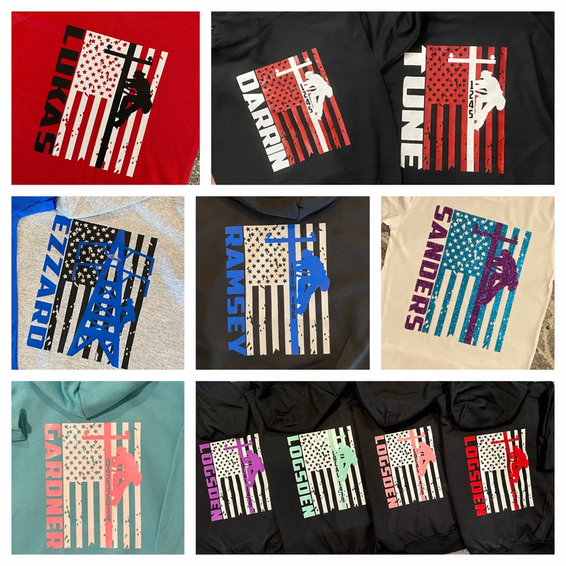 May include: A collage of nine images showing different designs of hoodies with an American flag and a silhouette of a person working on a power line. The hoodies are in various colors, including red, black, blue, gray, beige, and teal. The names "Lukas", "Darrin", "Tune", "Ezzard", "Ramsey", "Sanders", "Gardner", and "Logsden" are printed on the hoodies.