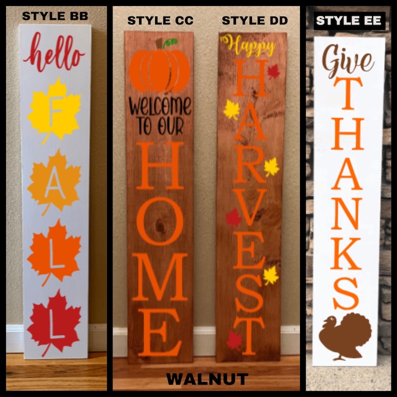 Puede incluir: Cuatro estilos diferentes de letreros de madera con dise&ntilde;os de oto&ntilde;o. Los letreros est&aacute;n pintados en varios colores, incluyendo blanco, gris, marr&oacute;n y naranja. Los letreros presentan texto como "hello fall", "welcome to our home", "happy harvest", y "give thanks".