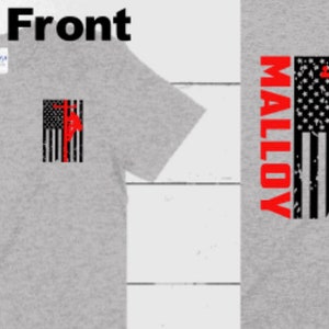May include: A gray t-shirt with a small American flag with a lineman on it on the front. The back of the shirt has the name "MALLOY" in large letters with a larger American flag with a lineman on it.