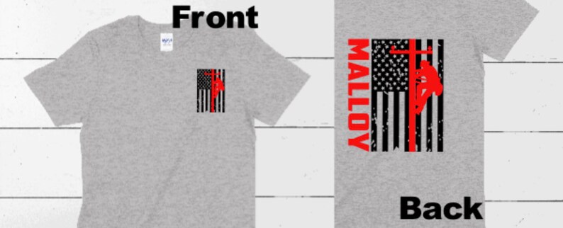 May include: A gray t-shirt with a small American flag with a lineman on it on the front. The back of the shirt has the name "MALLOY" in large letters with a larger American flag with a lineman on it.