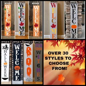 Puede incluir: Un collage de diferentes estilos de letreros de bienvenida para la temporada de oto&ntilde;o. Los letreros presentan varios dise&ntilde;os, que incluyen calabazas, hojas, murci&eacute;lagos y las palabras "Bienvenido", "Feliz Halloween", "Boo" e "It's October Witches". El texto "M&aacute;s de 30 estilos para elegir!" se muestra sobre un fondo de hojas de oto&ntilde;o.