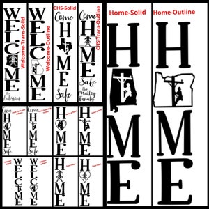 May include: A set of 10 black and white vinyl stencils for creating a "Welcome Home" sign. The stencils feature different styles of the letters "WELCOME" and "HOME" with various designs, including a heart, a power line, and a state outline. The stencils are ideal for creating a personalised welcome sign for your home.