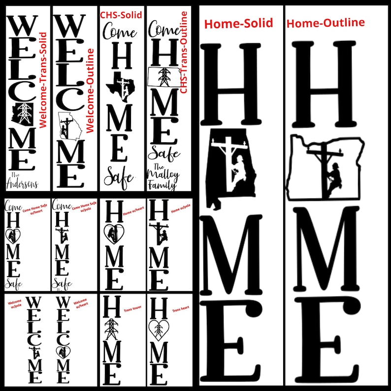 May include: A set of 10 black and white vinyl stencils for creating a "Welcome Home" sign. The stencils feature different styles of the letters "WELCOME" and "HOME" with various designs, including a heart, a power line, and a state outline. The stencils are ideal for creating a personalised welcome sign for your home.