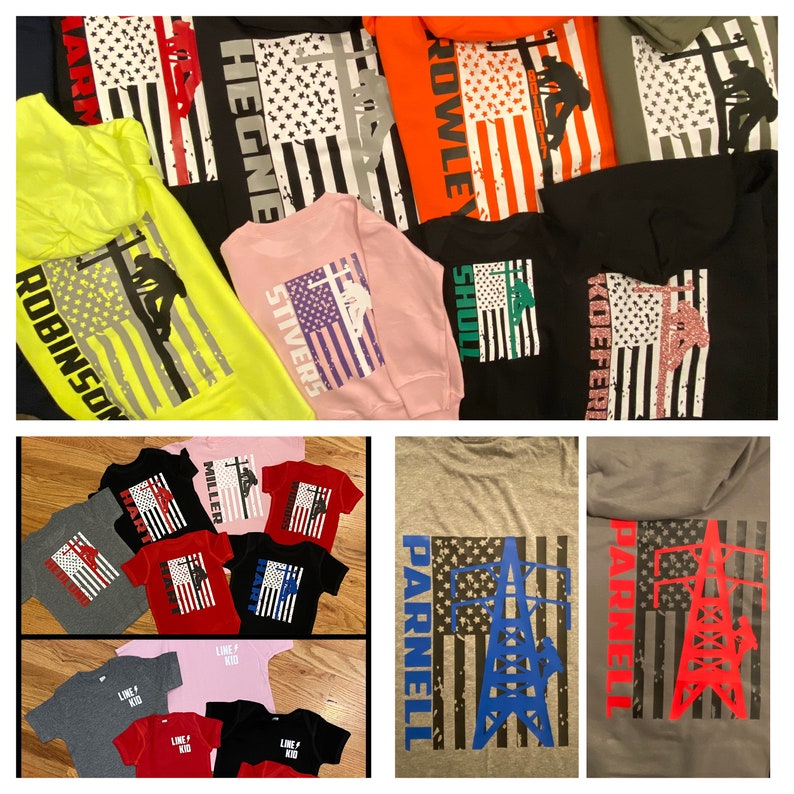 May include: A collection of t-shirts featuring an American flag design with a silhouette of a lineman working on a power line. The shirts are available in various colors, including black, grey, red, and pink. The names of each shirt are printed on the front, including "Robinson", "Hegme", "Stivers", "Shull", "Koeferl", "Parnell", "Miller", "Hart", "Like a Kid", and "Like a Kid".