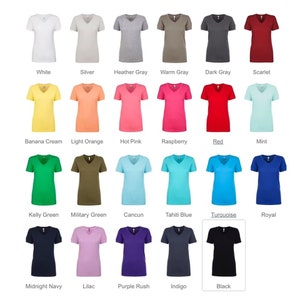 May include: A chart showing 20 different colors of V-neck t-shirts. The colors include white, silver, heather gray, warm gray, dark gray, scarlet, banana cream, light orange, hot pink, raspberry, red, mint, kelly green, military green, Cancun, Tahiti blue, turquoise, royal, midnight navy, lilac, purple rush, indigo, and black.