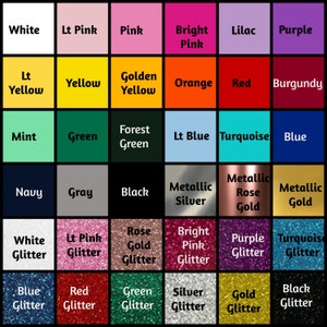 May include: A color chart with 36 different colors, including white, pink, yellow, green, blue, purple, orange, red, and gray. The colors are arranged in a grid pattern and are labeled with their names. The bottom row of colors includes glitter variations of some of the colors.