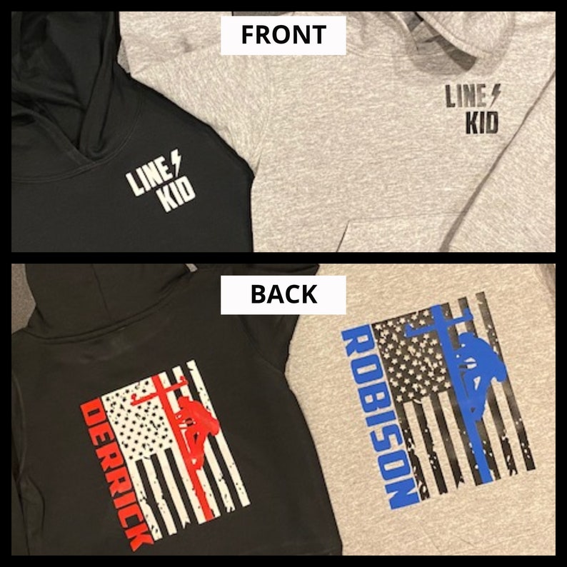 May include: Two black hooded sweatshirts with a white graphic on the front that says "LINE KID" and a red, white, and blue American flag graphic on the back with the name "DERRICK" printed on the left side. The second sweatshirt is gray and has the same graphic on the back but with the name "ROBISON" printed on the left side.