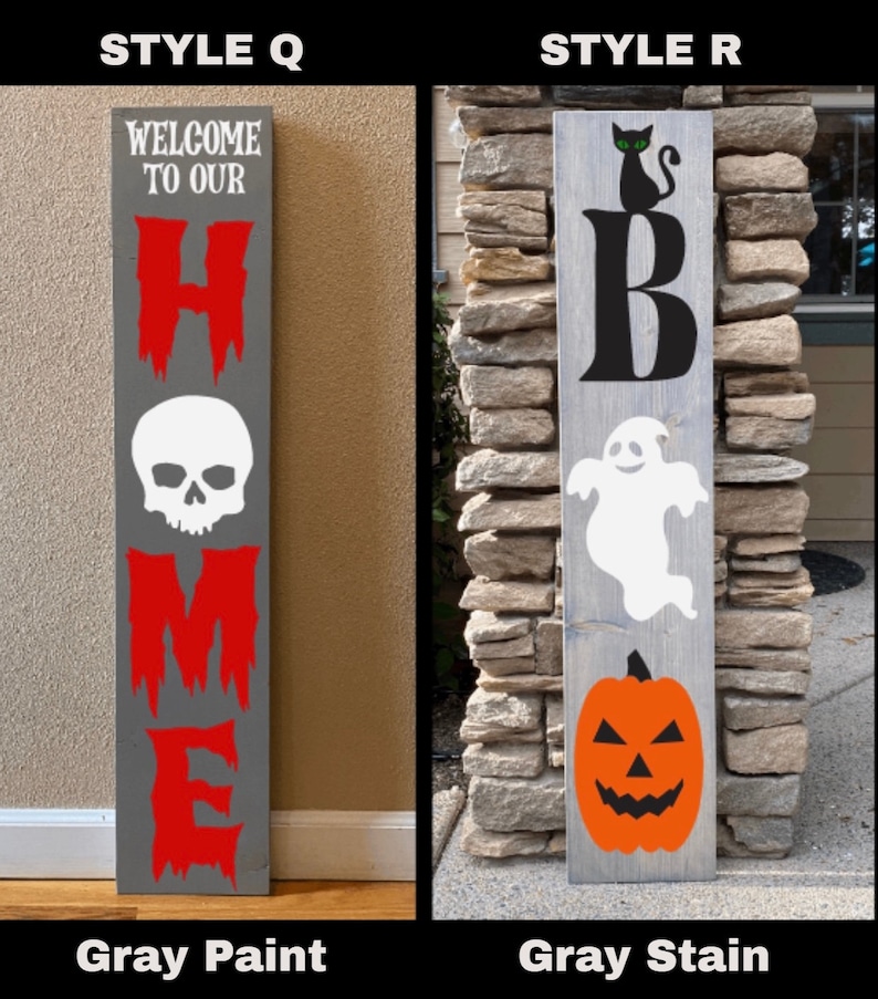 Puede incluir: Dos letreros de madera con tem&aacute;tica de Halloween con la palabra "HOME" escrita en diferentes estilos. El letrero de la izquierda est&aacute; pintado de gris con letras rojas y una calavera. El letrero de la derecha est&aacute; te&ntilde;ido de gris con letras negras, un fantasma y una calabaza de Halloween.