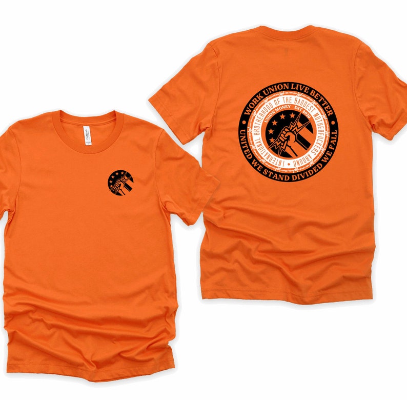 May include: Orange t-shirt with a black and white graphic on the back that says "Work Union Live Better" and "Brotherhood of the Baddest Motherf*ckers" with a raised fist and lightning bolt. The front of the shirt has a smaller version of the graphic.