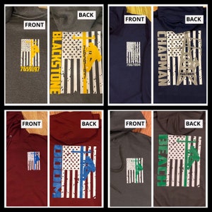 May include: Six hooded sweatshirts with a distressed American flag design. Each sweatshirt has a different name printed on the back, including Blackstone, Chapman, Beach, and Odom. The front of each sweatshirt features a small American flag with a lineman climbing a utility pole.