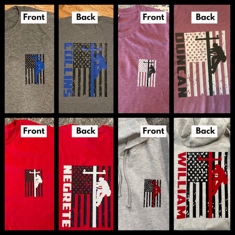 May include: Six different t-shirts and a hoodie with a distressed American flag design featuring a silhouette of a person climbing a utility pole. The shirts are in various colors, including gray, red, and purple. The back of each shirt features the name of the person, such as "COLLINS", "DUNCAN", "NEGRETTE", and "WILLIAM".