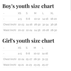 May include: A size chart for youth clothing, showing chest and waist measurements in inches for boys and girls. The chart includes sizes XS, S, M, L, and XL.