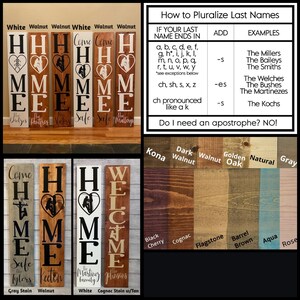 May include: A set of six wooden signs spelling out the word "HOME" in black lettering. Each sign features a different design, including a heart, a tree, and a silhouette of a person. The signs are available in a range of wood stains, such as grey, walnut, and white.