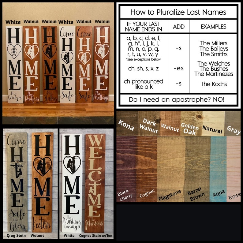 May include: A set of six wooden signs spelling out the word "HOME" in black lettering. Each sign features a different design, including a heart, a tree, and a silhouette of a person. The signs are available in a range of wood stains, such as grey, walnut, and white.
