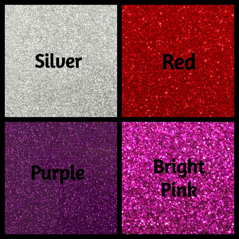 K&ouml;nnte beinhalten: Vier Quadrate aus Glitzerpapier in verschiedenen Farben: Silber, Rot, Lila und Pink. Jedes Quadrat tr&auml;gt den Farbnamen in schwarzer Schrift.