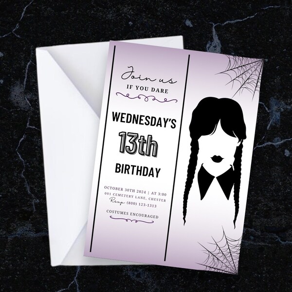 Custom WEDNESDAY Addams Family Birthday invitation, boys, girls, teens, Halloween party Invite, printable, editable canva digital download