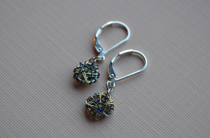 Gold and Navy Wire Wrapped Earrings Buffalo Sabres Colors Lightweight Dangle Silver Earrings Daily Wear Earrings