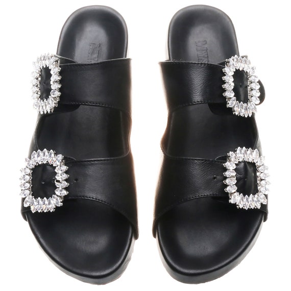 Handmade to Order Jeweled Leather Sandals Black Padded Comfortable Slides Gemstone Buckle Sandals Embellished Sandals Mystique Sandals Etsy UK