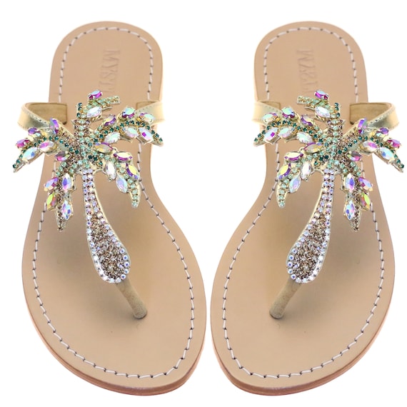 Handmade to Order Jeweled Leather Sandals Palm Tree Rhinestone Sandals Whimsical Boho Sandals Flat Thong Sandals Mystique Sandals Etsy UK