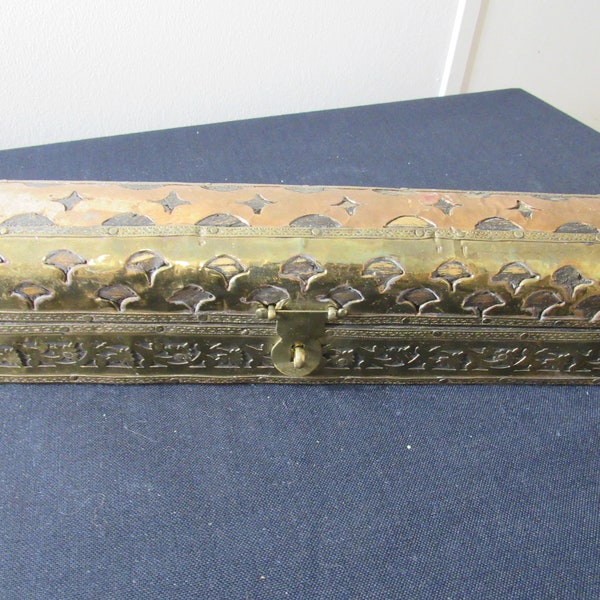 Artisan Wood Casket Trinket Incense Box with Ornate Pierced 2 Brass Colors India