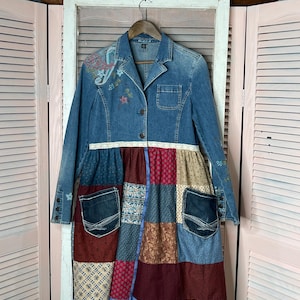 Upcycled Boho hippie style embroidered denim, patchwork  jean jacket