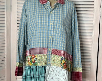 Upcycled modern boho, shabby, country, cottage chic, patchwork, women’s shirt, plus size