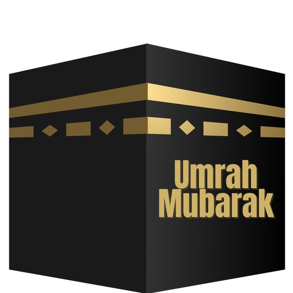 Autocollant « Umrah Mubarak » inspiré de la Kaaba – Design élégant en forme de cube doré et noir – Parfait pour les célébrations islamiques