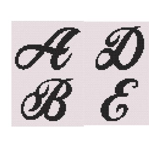 May include: Four black cursive letters, A, B, D, and E, are displayed on a light pink cross-stitch background. The letters are in a decorative, flowing font, and the image is framed with a red border.