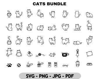 May include: A black and white digital download bundle of 36 cat illustrations. The illustrations include cats in various poses, including sitting, sleeping, playing, and eating. The bundle also includes a variety of cat-themed icons, such as paw prints, cat toys, and food bowls. The text "CATS BUNDLE" is at the top of the image, and the text "SVG - PNG - JPG - PDF" is at the bottom of the image.