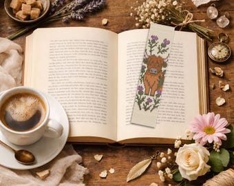 Niedliches Kalb Lesezeichen Kreuzstich Muster PDF, Kawaii Kuh Lesezeichen, Bauernhof Tiere Stickerei, Blumen Lesezeichen, Instant Download, DIY Geschenk