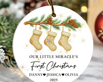 Our Little Miracle’s First Christmas Ornament • Personalized Gold Stocking Keepsake • Custom Family Holiday Gift 2025