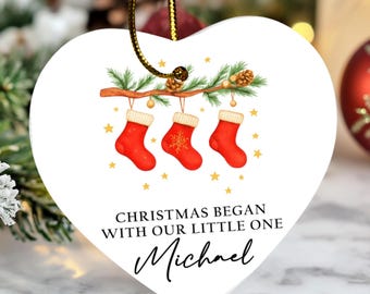 Baby's First Christmas Ornament, Personalized Family Christmas Ornament, Heart Ceramic Ornament, Double-sided printing