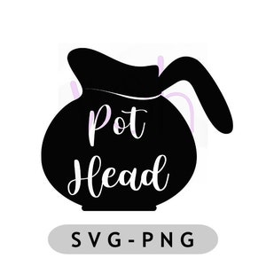 May include: Black coffee pot silhouette with the words "Pot Head" in white script. Below the pot, the text "SVG-PNG" is displayed in a gray rectangle. The image is on a white background.
