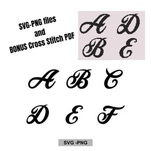 May include: A collection of black cursive letters A, B, C, D, E, and F on a white background. The image also includes a cross-stitch pattern of the letters A, B, D, and E. Text in the image reads "SVG-PNG files and BONUS Cross Stitch PDF."