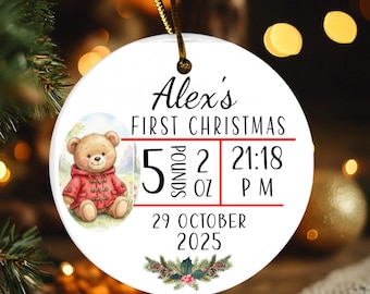 Personalized Newborn Photo Ornament, Baby's 1st Xmas Hanging Ceramic Decor with Baby Birth Details, Double-sided , Custom Baby Gift