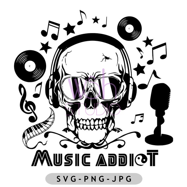 Skull, Music addiot, rock&roll, Musical Notes, Digital Download/svg, png files, For Silhouette and Cricut, Digital Download/Digital Print