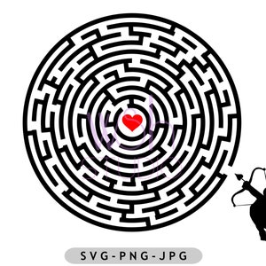 May include: A black and white circular maze with a red heart at the center. A silhouette of Cupid with a bow and arrow is on the right. The text "SVG-PNG-JPG" is at the bottom.