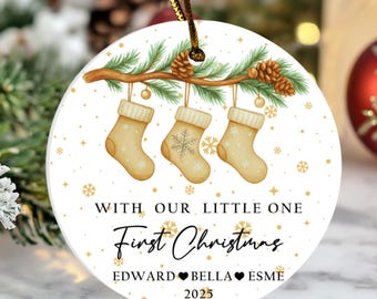 First Christmas With Our Little One Ornament, Personalized Gold Stocking Family Keepsake, Custom Holiday Decor 2025